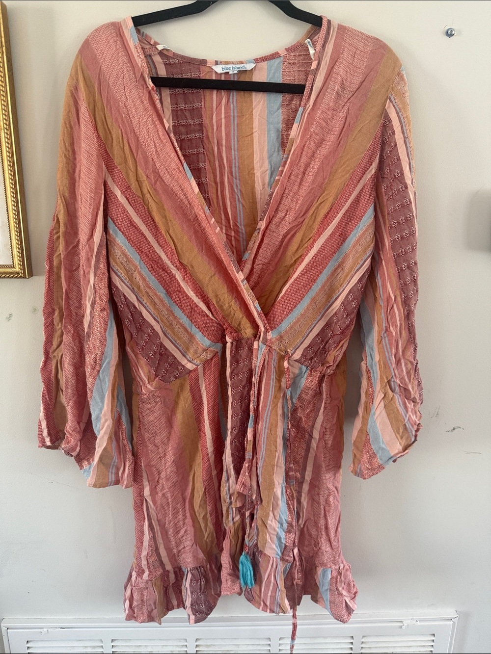 blue island Pink and Blue Striped Wrap Dress